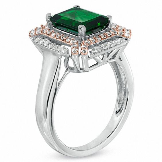 Emerald-Cut Lab-Created Emerald and White Sapphire Ring in Two-Tone Sterling Silver
