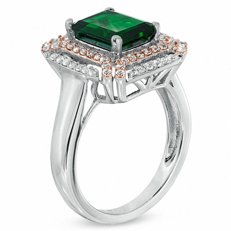 Main Image 2 of Emerald-Cut Lab-Created Emerald and White Sapphire Ring in Two-Tone Sterling Silver