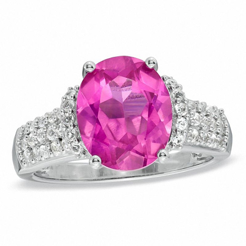 Main Image 1 of Oval Lab-Created Pink and White Sapphire Ring in Sterling Silver