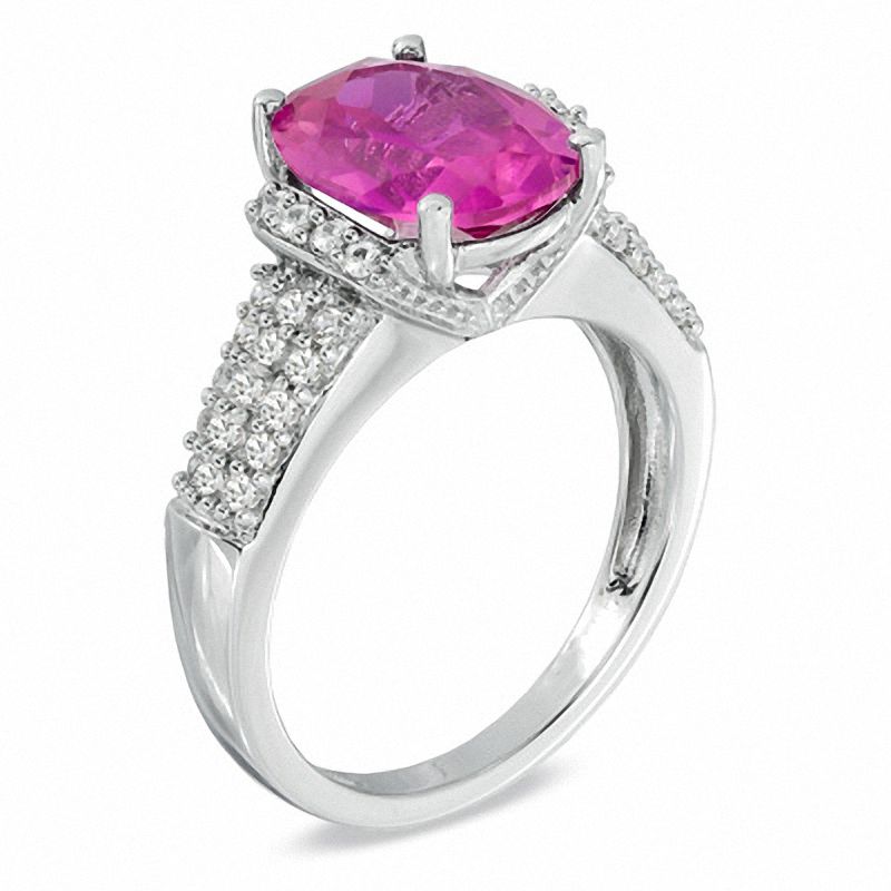 Main Image 2 of Oval Lab-Created Pink and White Sapphire Ring in Sterling Silver