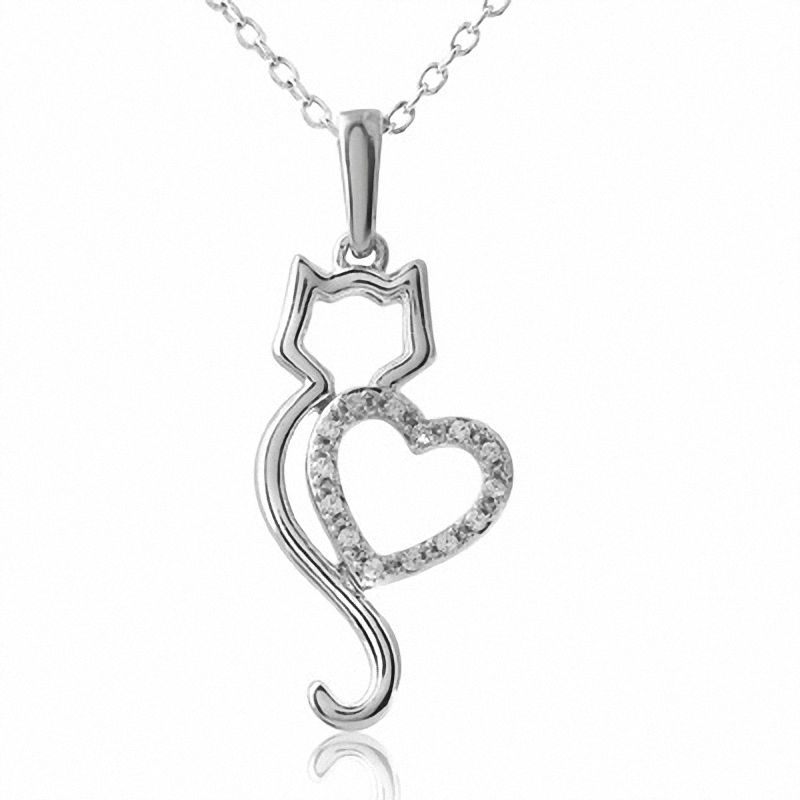Diamond Accent Cat with Heart Pendant in Sterling Silver
