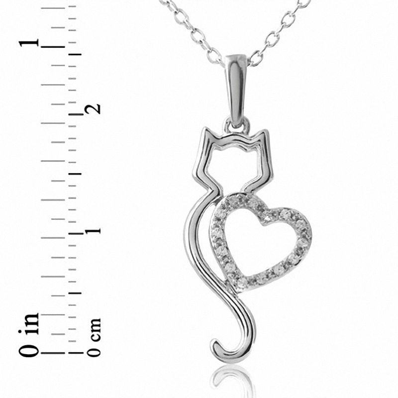 Diamond Accent Cat with Heart Pendant in Sterling Silver