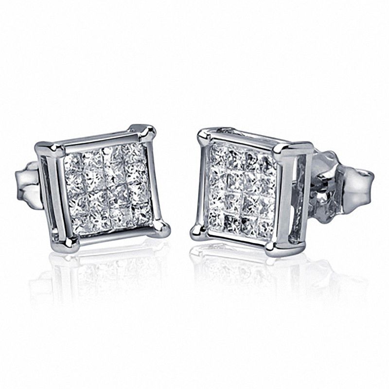Main Image 1 of 1/3 CT. T.W. Princess-Cut Multi-Diamond Stud Earrings in 14K White Gold