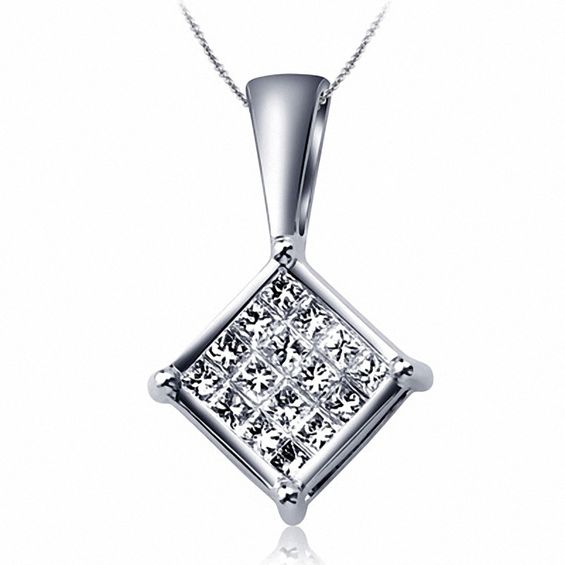 1/4 CT. T.w. Multi-Row Princess-Cut Diamond Square Pendant in 14K White Gold
