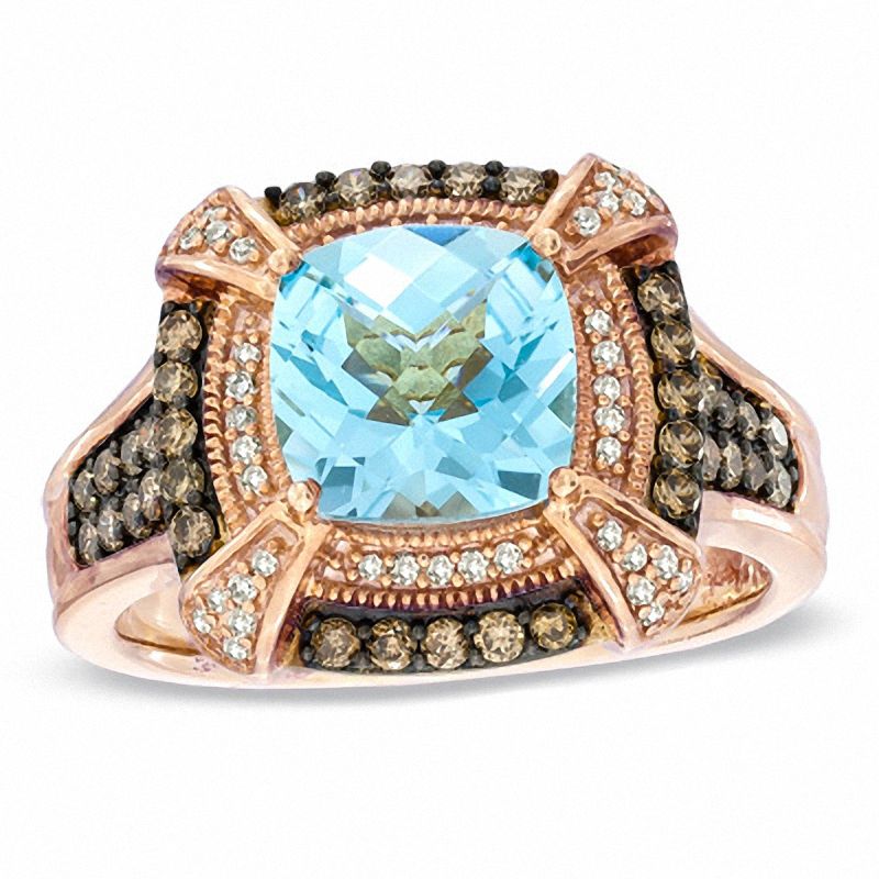 8.0mm Cushion-Cut Swiss Blue Topaz and 1/2 CT. T.W. Enhanced Champagne and White Diamond Ring in 10K Rose Gold