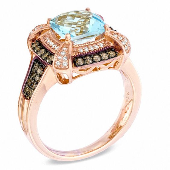 8.0mm Cushion-Cut Swiss Blue Topaz and 1/2 CT. T.w. Enhanced Champagne and White Diamond Ring in 10K Rose Gold