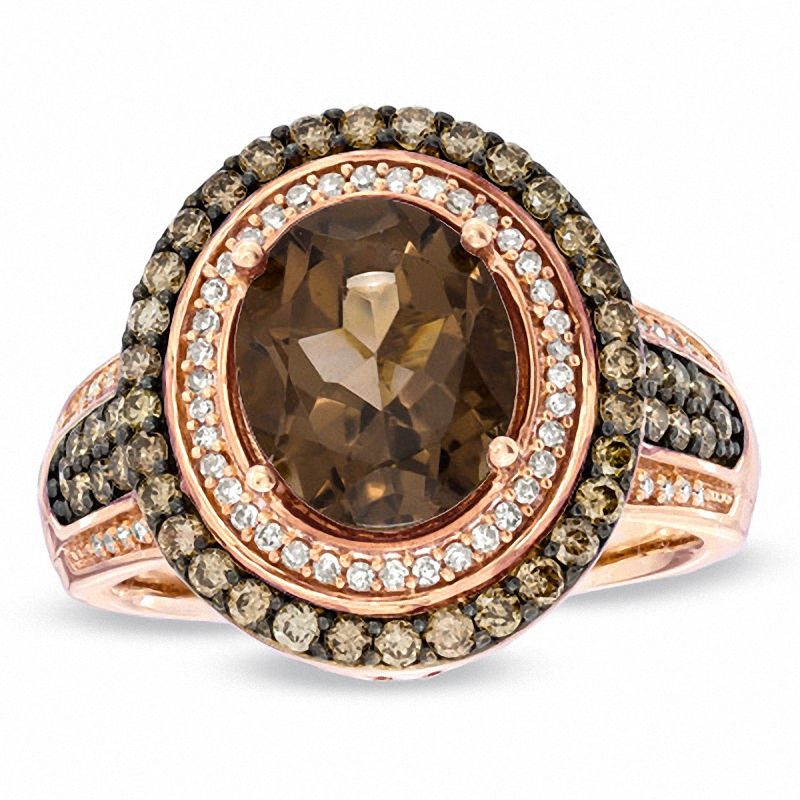 Main Image 1 of Oval Smoky Quartz and 3/4 CT. T.W. Enhanced Champagne and White Diamond Ring in 10K Rose Gold