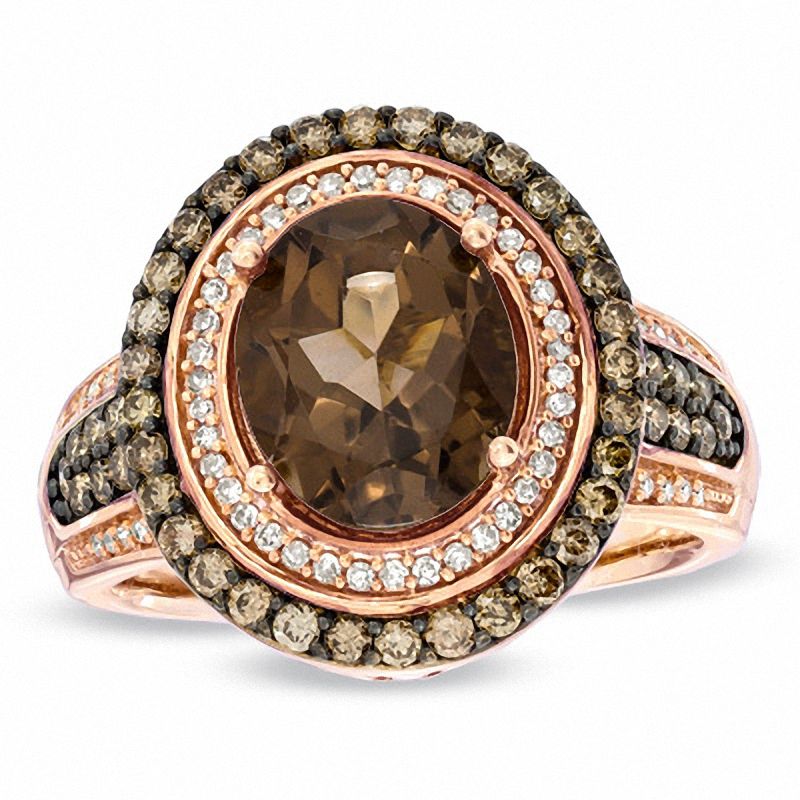 Oval Smoky Quartz and 3/4 CT. T.W. Enhanced Champagne and White Diamond Ring in 10K Rose Gold