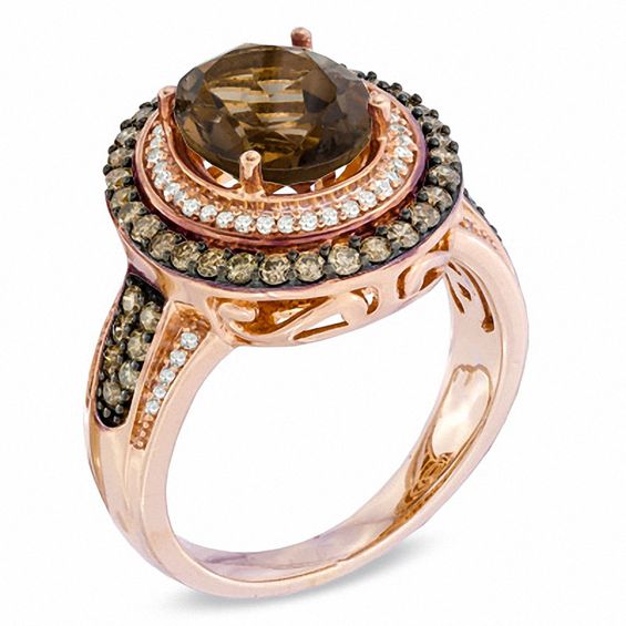 Oval Smoky Quartz and 3/4 CT. T.w. Enhanced Champagne and White Diamond Ring in 10K Rose Gold