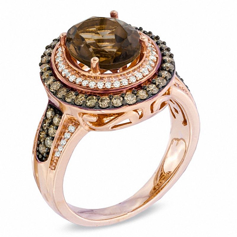 Oval Smoky Quartz and 3/4 CT. T.W. Enhanced Champagne and White Diamond Ring in 10K Rose Gold