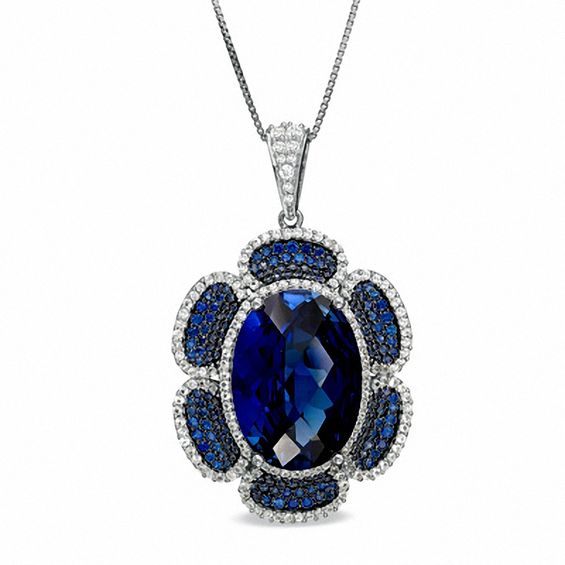 Oval Lab-Created Blue and White Sapphire Flower Pendant in Sterling Silver