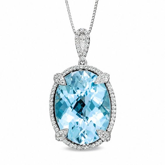 Oval Sky Blue Topaz and Lab-Created White Sapphire Pendant in Sterling Silver