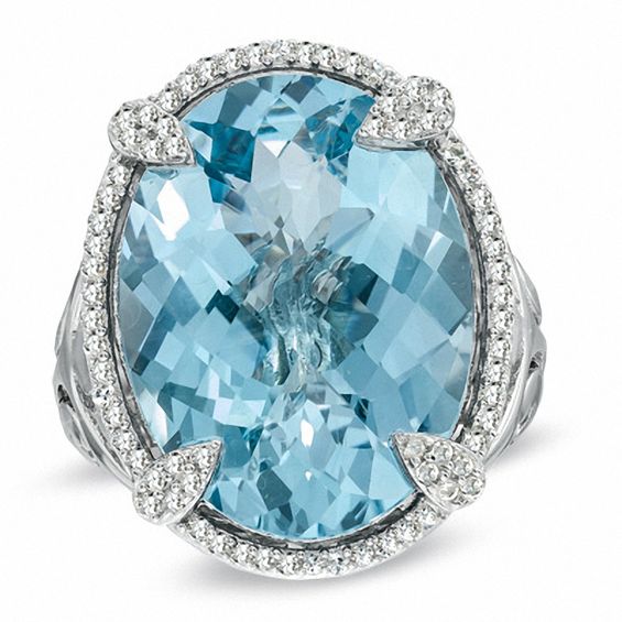 Oval Sky Blue Topaz and Lab-Created White Sapphire Ring in Sterling Silver