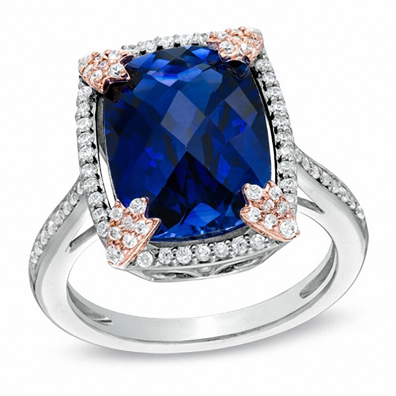 Main Image 1 of Cushion-Cut Lab-Created Blue and White Sapphire Ring in Two-Tone Sterling Silver