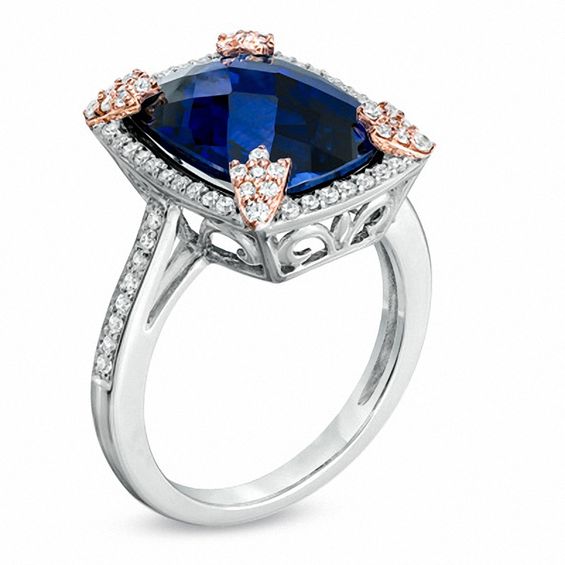 Cushion-Cut Lab-Created Blue and White Sapphire Ring in Two-Tone Sterling Silver