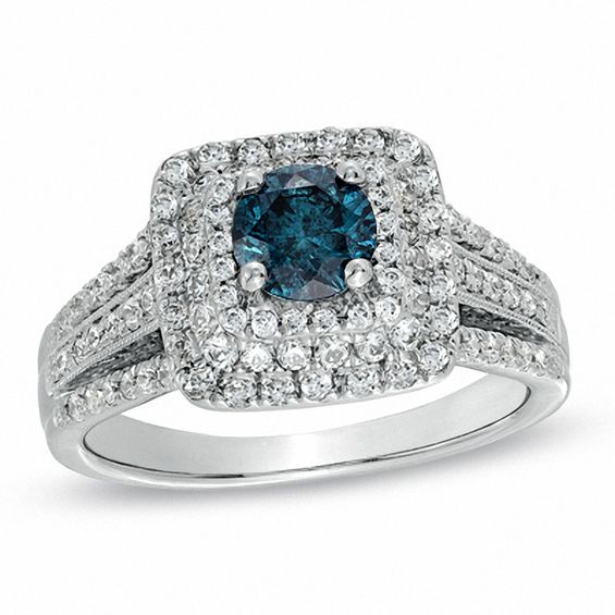 1-5/8 CT. T.w. Enhanced Blue and White Diamond Square Frame Engagement Ring in 14K White Gold