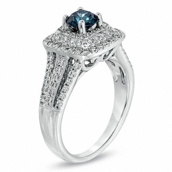 1-5/8 CT. T.w. Enhanced Blue and White Diamond Square Frame Engagement Ring in 14K White Gold
