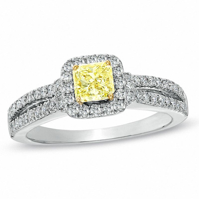 Main Image 1 of 1 CT. T.W. Certified Cushion-Cut Yellow Diamond Frame Engagement Ring in 18K White Gold (P/SI2)