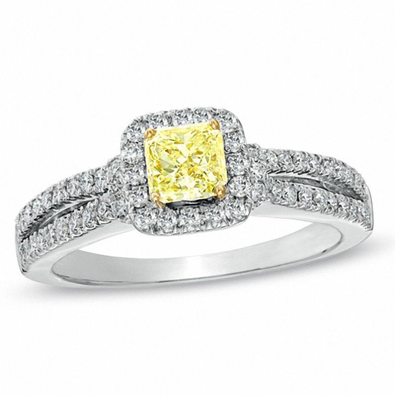 1 CT. T.W. Certified Cushion-Cut Yellow Diamond Frame Engagement Ring in 18K White Gold (P/SI2)