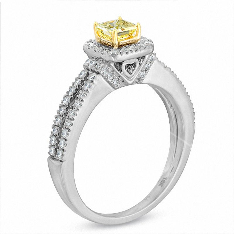 Main Image 2 of 1 CT. T.W. Certified Cushion-Cut Yellow Diamond Frame Engagement Ring in 18K White Gold (P/SI2)