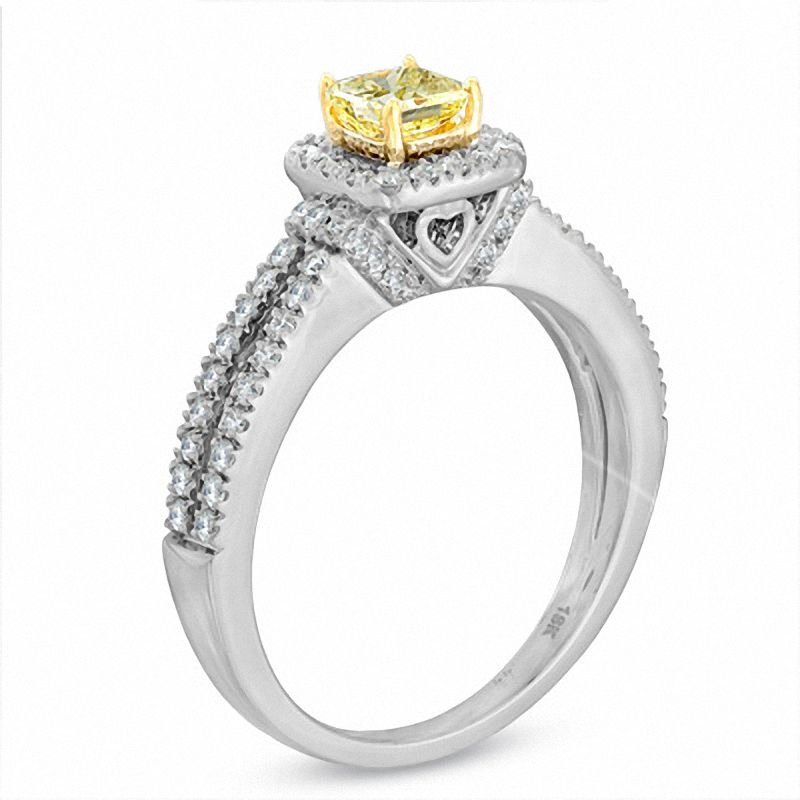 1 CT. T.W. Certified Cushion-Cut Yellow Diamond Frame Engagement Ring in 18K White Gold (P/SI2)