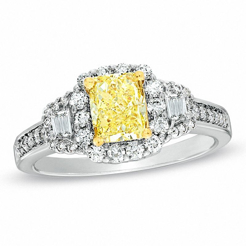 Main Image 1 of 1-5/8 CT. T.W. Certified Cushion-Cut Yellow Diamond Frame Engagement Ring in 18K White Gold (P/SI2)