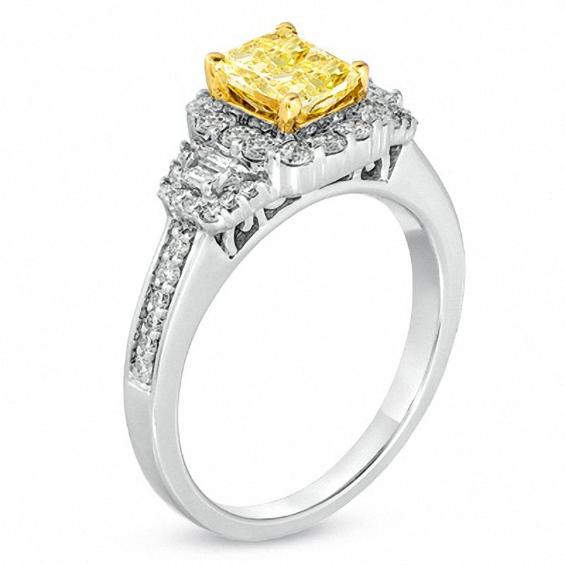 Main Image 2 of 1-5/8 CT. T.W. Certified Cushion-Cut Yellow Diamond Frame Engagement Ring in 18K White Gold (P/SI2)