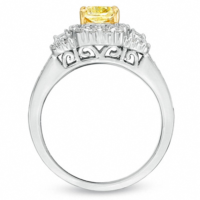 Main Image 3 of 1-5/8 CT. T.W. Certified Cushion-Cut Yellow Diamond Frame Engagement Ring in 18K White Gold (P/SI2)