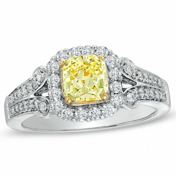 1-1/5 CT. T.w. Certified Cushion-Cut Yellow Diamond Frame Engagement Ring in 18K White Gold (P/Si2)