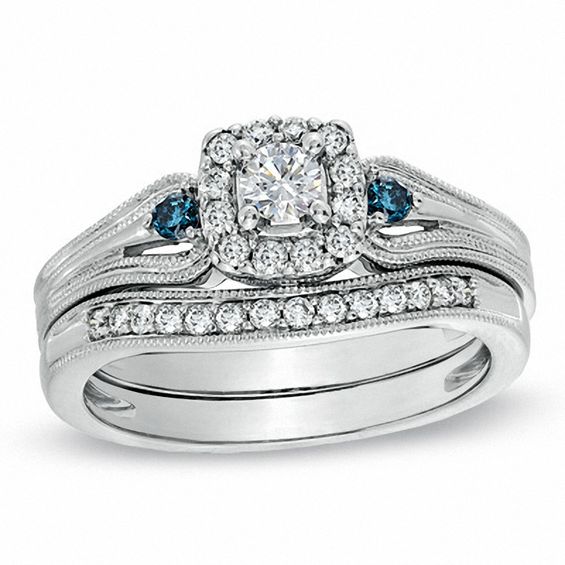 1/2 CT. T.W. Enhanced Blue and White Diamond Vintage-Style Frame Bridal ...