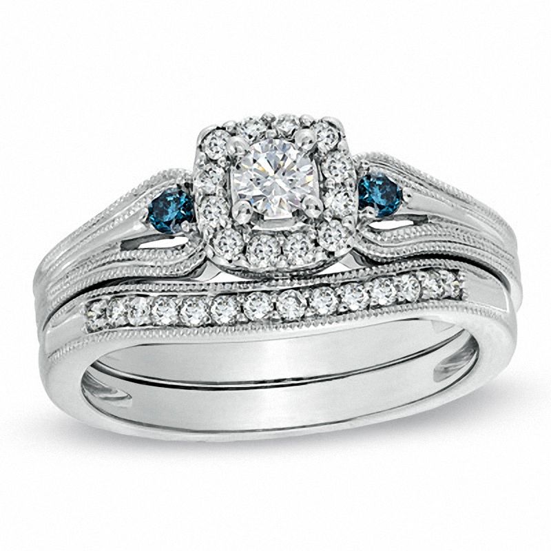 Main Image 1 of 1/2 CT. T.W. Enhanced Blue and White Diamond Vintage-Style Frame Bridal Set in 10K White Gold