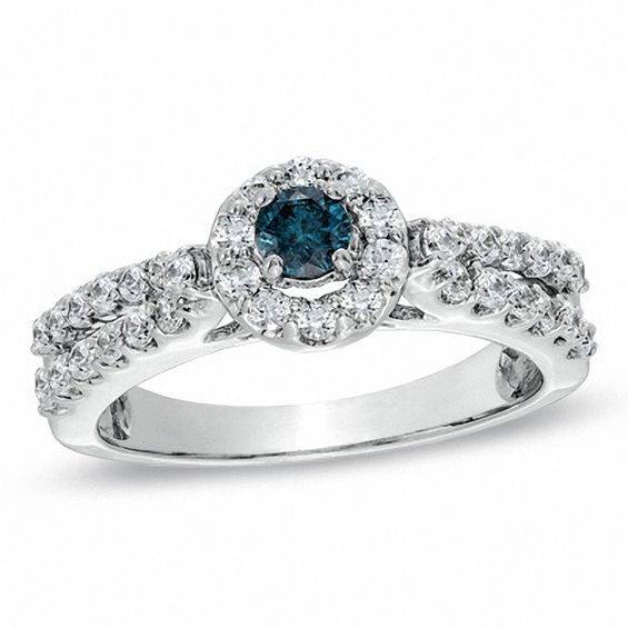 3/4 CT. T.w. Enhanced Blue and White Diamond Split Shank Engagement Ring in 14K White Gold
