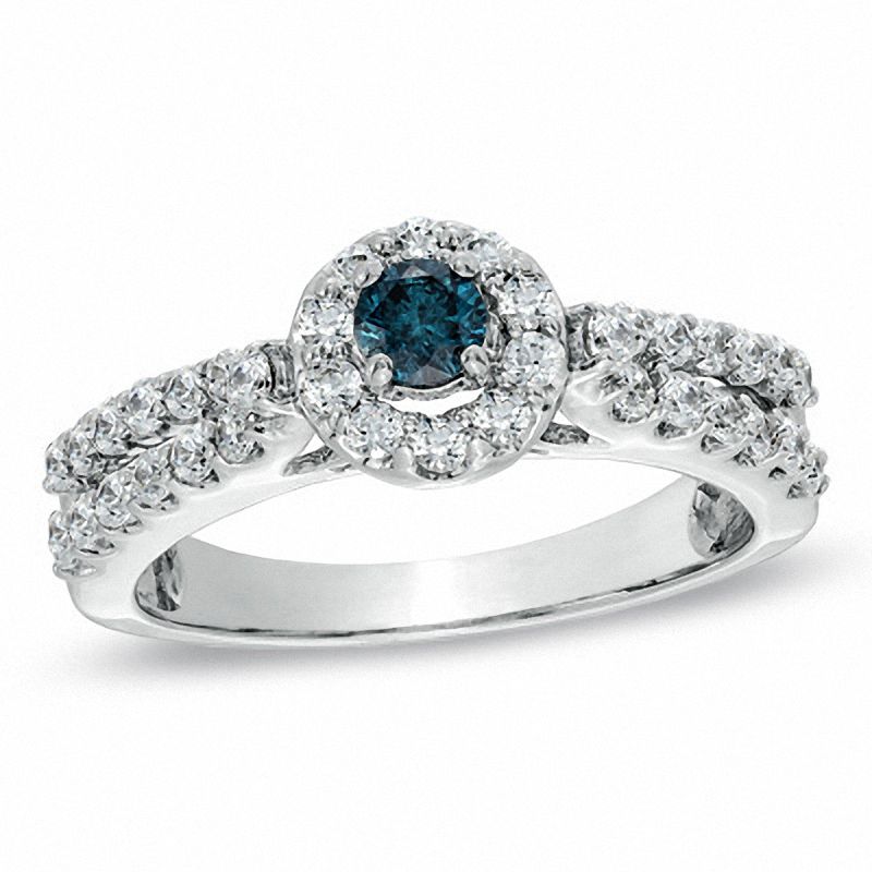 Main Image 1 of 3/4 CT. T.W. Enhanced Blue and White Diamond Split Shank Engagement Ring in 14K White Gold