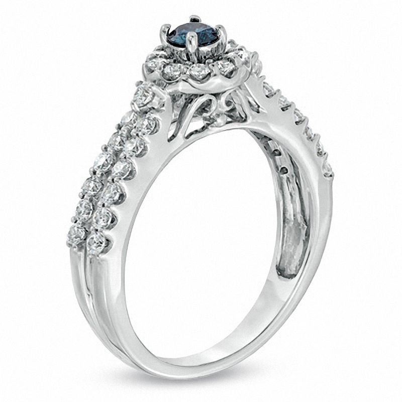 Main Image 2 of 3/4 CT. T.W. Enhanced Blue and White Diamond Split Shank Engagement Ring in 14K White Gold