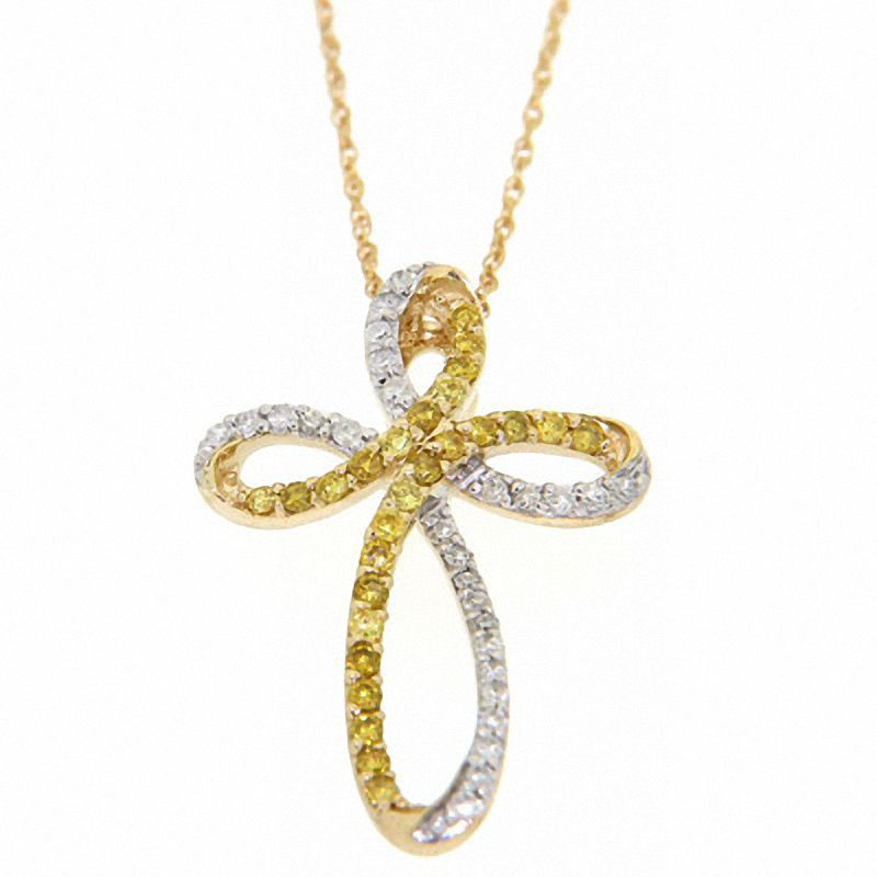 Main Image 1 of 1/3 CT. T.W. Yellow and White Diamond Looped Cross Pendant in 10K Gold