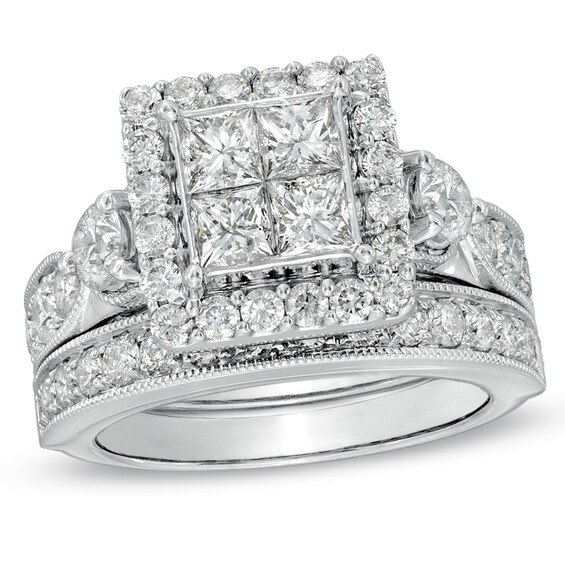 3 CT. T.w. Princess-Cut Quad Diamond Square Frame Bridal Set in 14K White Gold