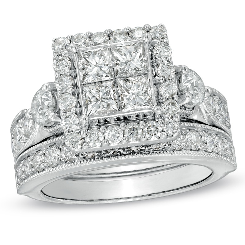 Main Image 1 of 3 CT. T.W. Princess-Cut Quad Diamond Square Frame Bridal Set in 14K White Gold