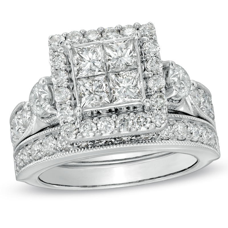 3 CT. T.W. Princess-Cut Quad Diamond Square Frame Bridal Set in 14K White Gold