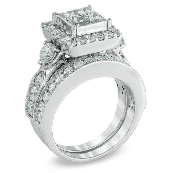 3 CT. T.w. Princess-Cut Quad Diamond Square Frame Bridal Set in 14K White Gold
