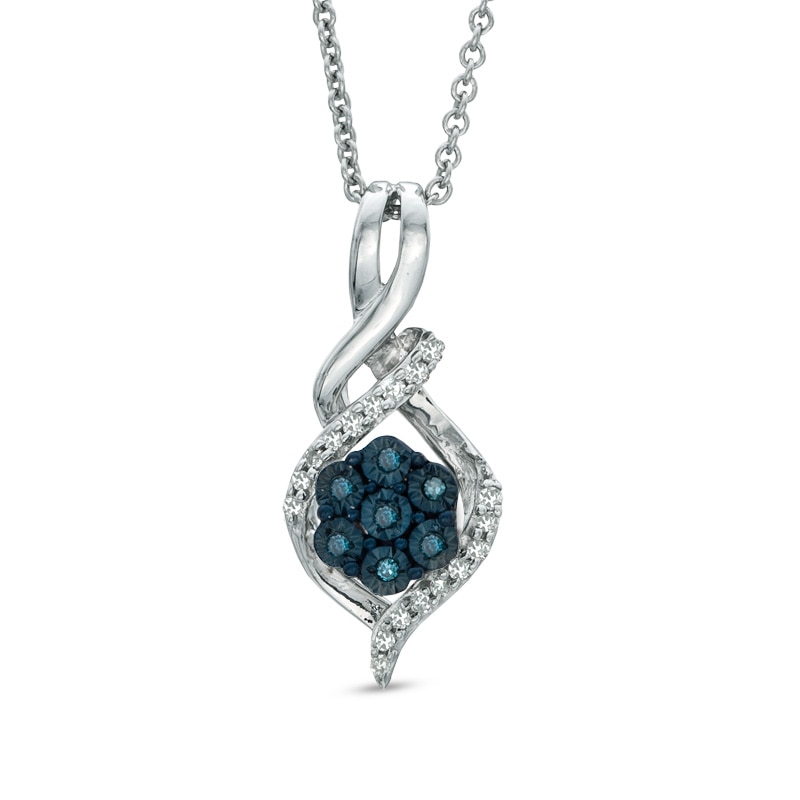 1/10 CT. T.W. Enhanced Blue and White Diamond Cluster Twist Pendant in Sterling Silver