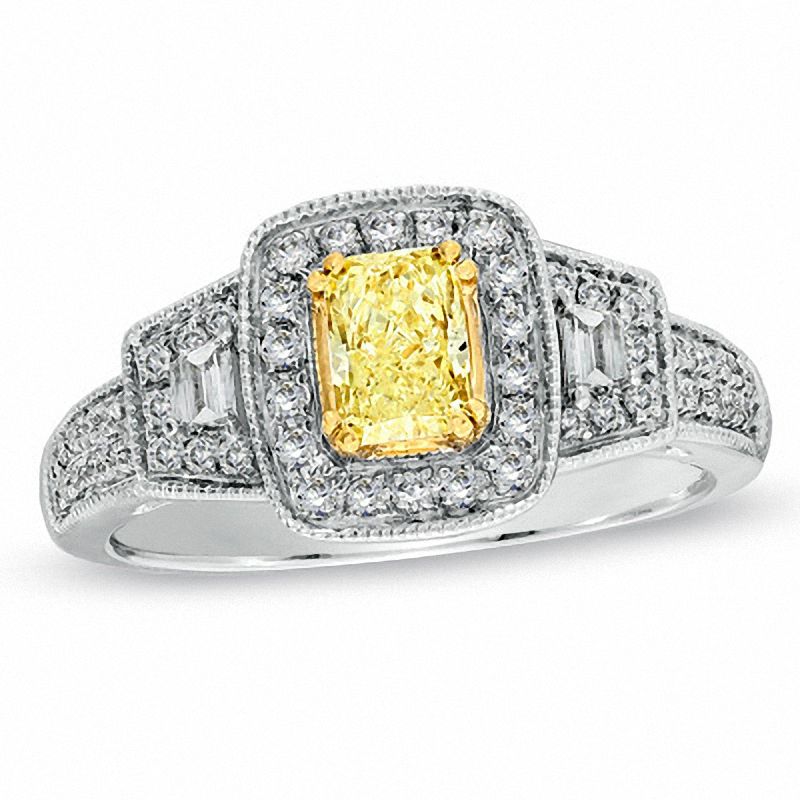 Main Image 1 of 1 CT. T.W. Certified Cushion-Cut Yellow Diamond Frame Engagement Ring in 18K White Gold (P/SI2)