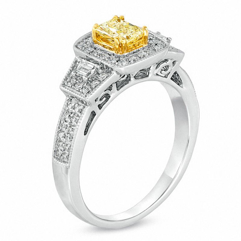 Main Image 2 of 1 CT. T.W. Certified Cushion-Cut Yellow Diamond Frame Engagement Ring in 18K White Gold (P/SI2)