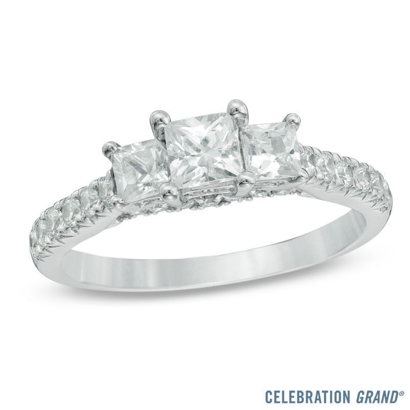 Main Image 1 of Celebration Ideal 1-1/5 CT. T.W. Princess-Cut Certified Diamond Three Stone Ring in 14K White Gold (J/I1)