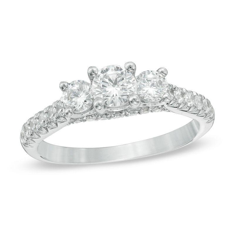 Main Image 1 of Celebration Ideal 1-1/5 CT. T.W. Certified Diamond Three Stone Engagement Ring in 14K White Gold (J/I1)