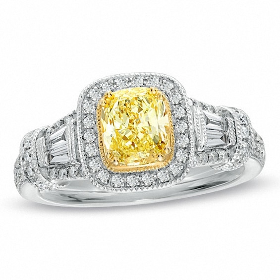 1-1/4 CT. T.w. Certified Cushion-Cut Yellow Diamond Frame Engagement Ring in 18K White Gold (P/Si2)