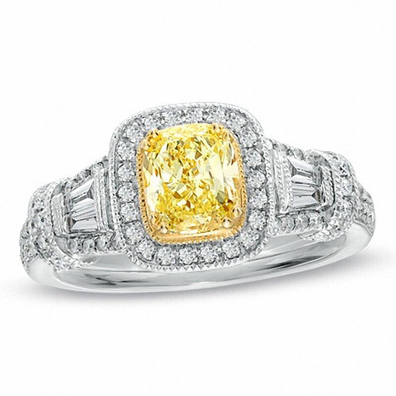 Main Image 1 of 1-1/4 CT. T.W. Certified Cushion-Cut Yellow Diamond Frame Engagement Ring in 18K White Gold (P/SI2)