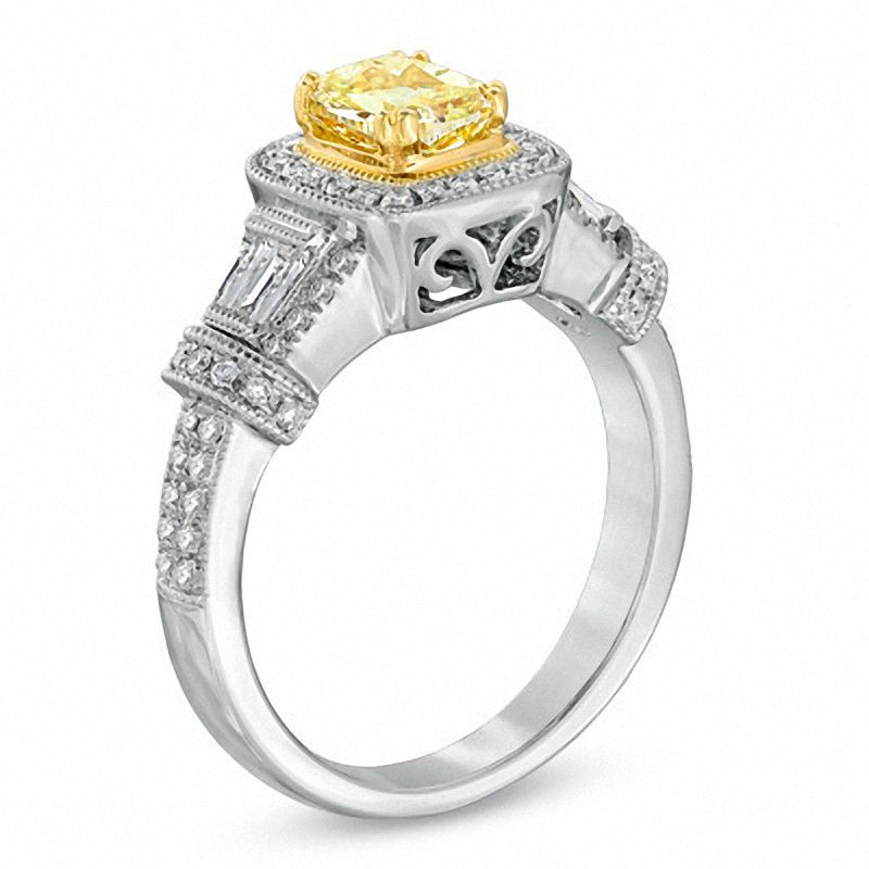 Main Image 2 of 1-1/4 CT. T.W. Certified Cushion-Cut Yellow Diamond Frame Engagement Ring in 18K White Gold (P/SI2)