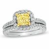 Thumbnail Image 0 of 2 CT. T.W. Certified Cushion-Cut Yellow Diamond Frame Bridal Set in 18K White Gold (P/SI2)