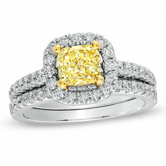 2 CT. T.w. Certified Cushion-Cut Yellow Diamond Frame Bridal Set in 18K White Gold (P/Si2)