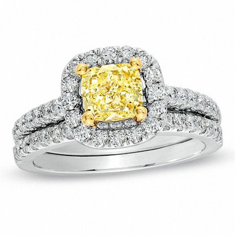 2 CT. T.W. Certified Cushion-Cut Yellow Diamond Frame Bridal Set in 18K White Gold (P/SI2)